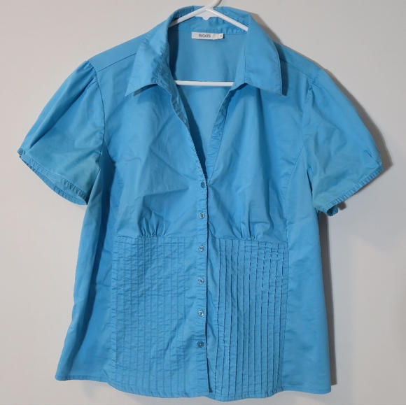 Ricki’s 18 Blue Pintuck Pleated Button Down Blouse Short Sleeve Stretch Workwear - Picture 2 of 14